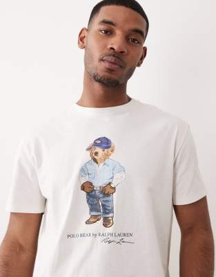 Polo - T-Shirt in Weiß mit Polo-Bear-Print aus Denim auf der Brust Weiß L