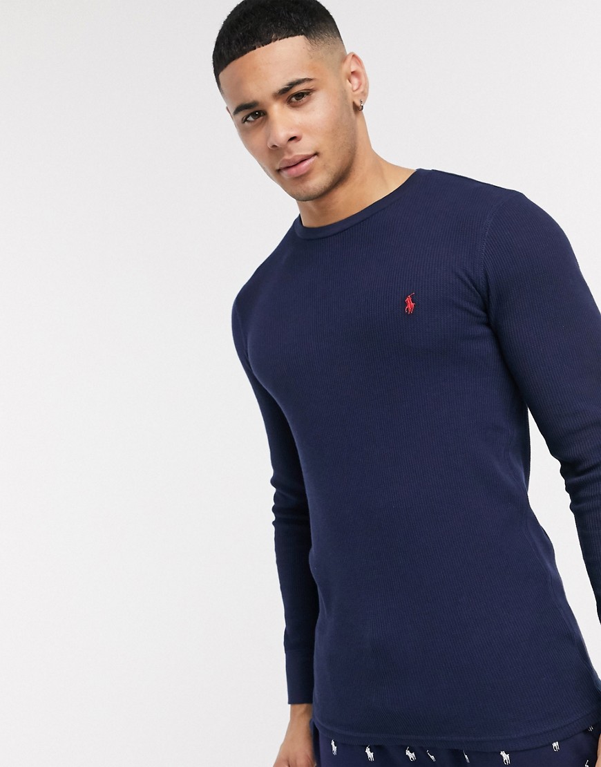 Polo Ralph Lauren - T-shirt met lange mouwen, wafelstructuur en logo in marineblauw