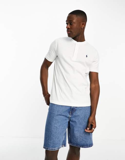 Polo Ralph Lauren - T-shirt serafino bianca in tessuto fiammato con icona del logo