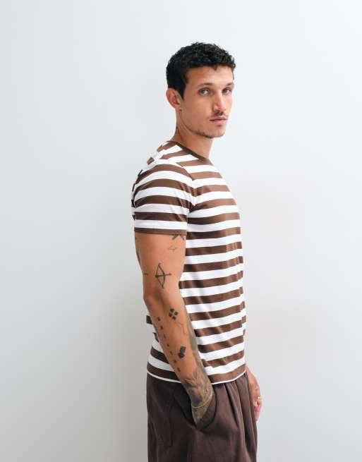 Polo Ralph Lauren T-shirt slim fit a righe marrone e bianco, 4 di 5