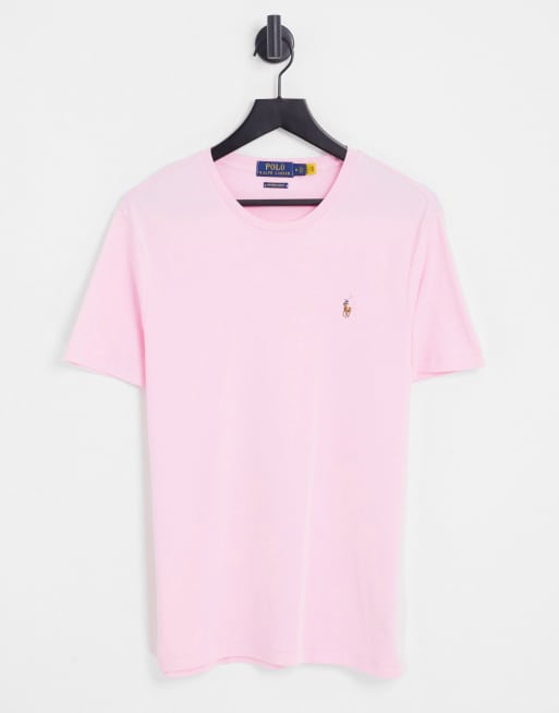 Polo Ralph Lauren - T-shirt slim in cotone pima rosa con logo multicolore del pony