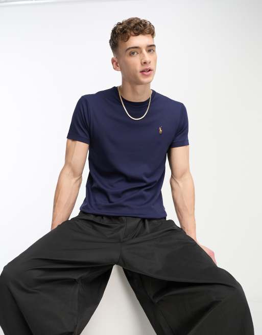Polo Ralph Lauren - T-shirt vestibilità personalizzata blu navy in cotone pima con logo multicolore