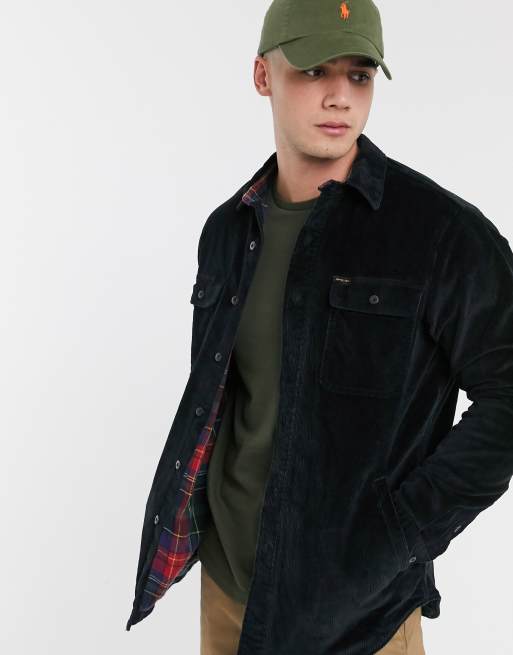 Polo Ralph Lauren tartan flannel lined cord overshirt jacket leather elbow  patch in black | ASOS