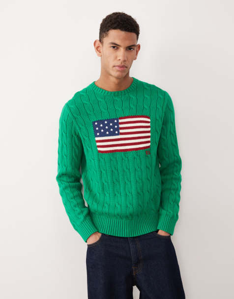 Polo Ralph Lauren – Team USA – Baumwoll-Strickpullover in Grün mit Flaggenlogo auf der Brust und Zopfmuster - view 1