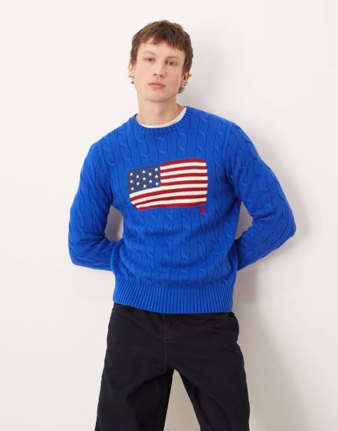 Polo Ralph Lauren - Team USA - Blå kabelstrikket trøje med flaglogo på brystet i bomuld - view 1