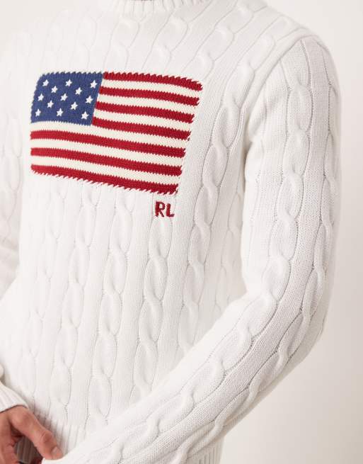Polo Ralph Lauren - Team USA - Pull en maille torsadée de coton à logo drapeau sur la poitrine - Blanc, 5 de 5