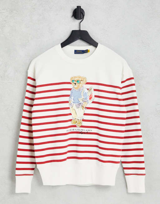 Polo Ralph Lauren White Polo Bear Print Striped Sweatshirt