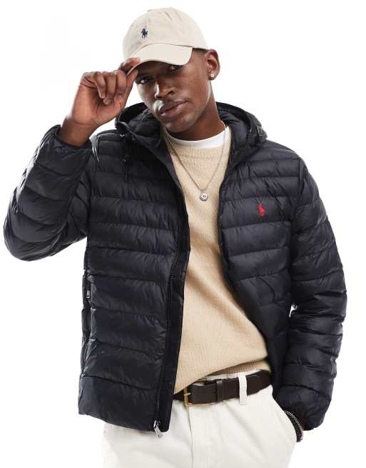Polo Ralph Lauren – Terra Chevron – Lekka ocieplana czarna kurtka z kapturem i logo