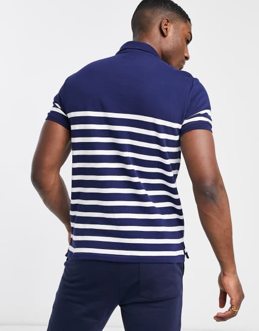 Polo Ralph Lauren terry player logo breton stripe polo in navy and white