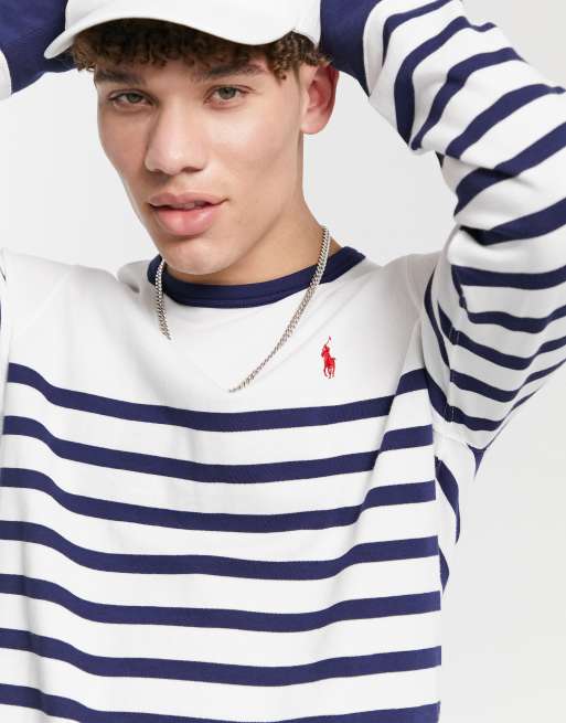 Polo Ralph Lauren terry player logo breton stripe sweatshirt in white and navy