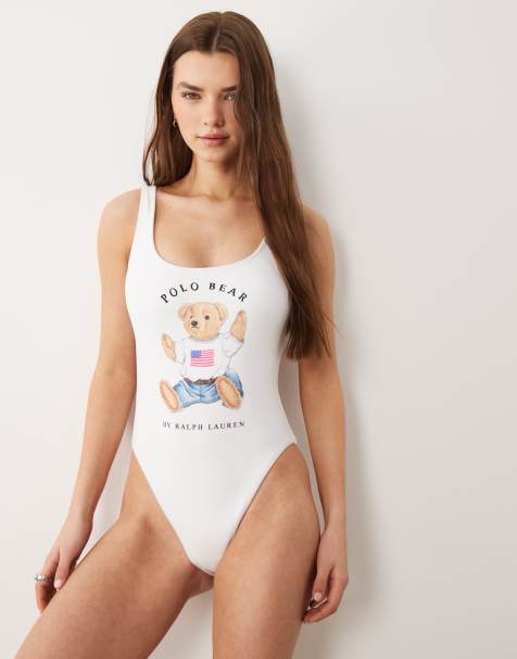 Polo Ralph Lauren terry polo bear scoop tank swimsuit in white - WHITE - view 1