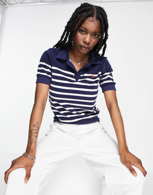 Polo Ralph Lauren terry toweling stripe polo in navy | ASOS