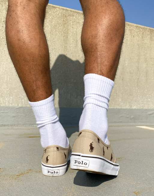 Polo Ralph Lauren thornton trainer in tan with all over pony logo | ASOS