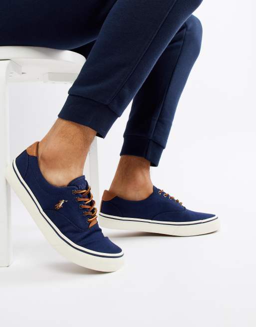 Polo Ralph Lauren thorton canvas sneakers multi player leather trim in navy  | ASOS