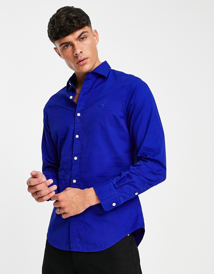 Polo Ralph Lauren tonal icon logo slim fit garment dyed twill shirt in royal blue