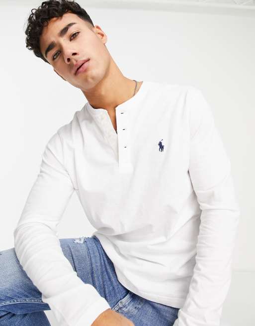 Polo Ralph Lauren - Top a maniche lunghe con collo serafino in tessuto fiammato bianco con logo