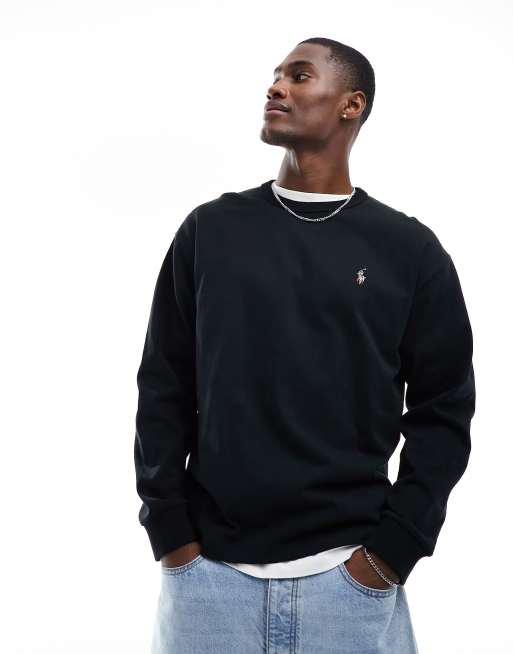 Polo Ralph Lauren - Top a maniche lunghe oversize nero con logo multicolore sul retro