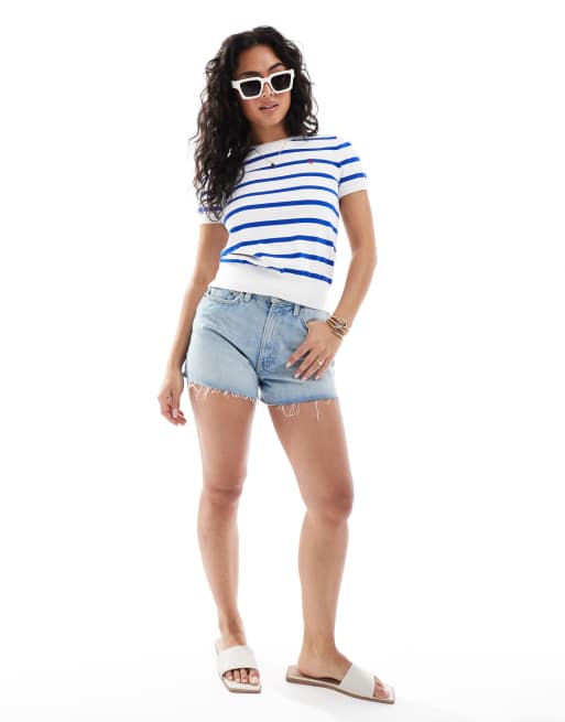Polo Ralph Lauren - Top en maille à manches courtes et rayures - Blanc et bleu, 3 de 4