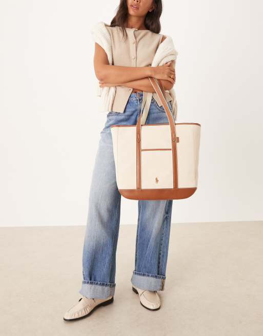 Polo Ralph Lauren – Torba typu tote w kolorze ecru i brązowym