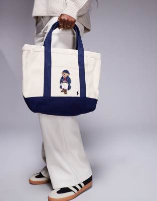 Polo Ralph Lauren tote bag with bear logo in cream and navy ASOS