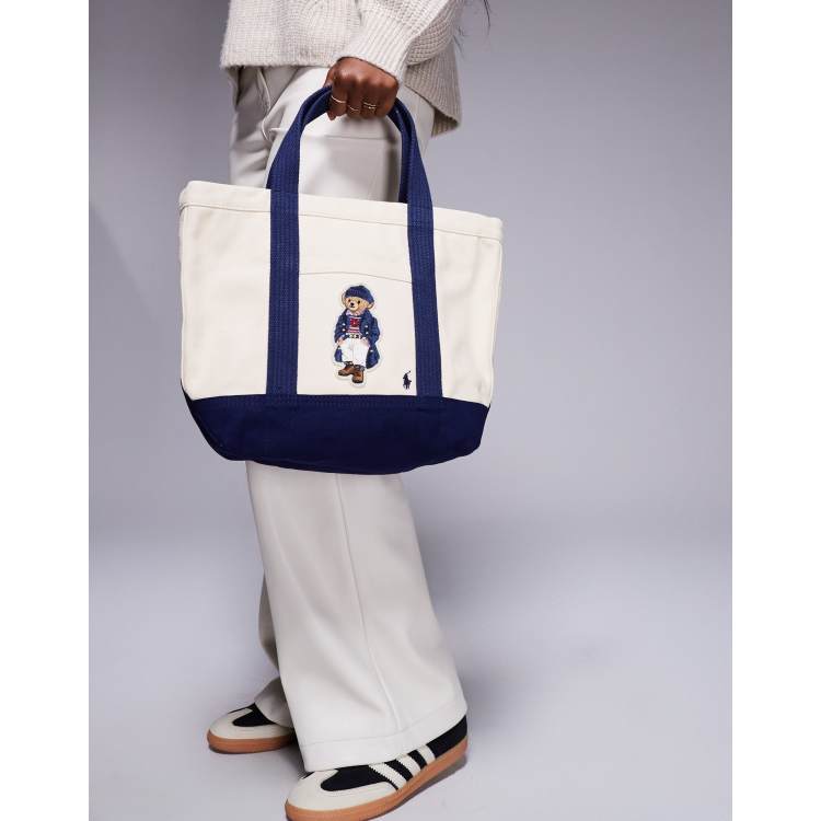 Polo Ralph Lauren tote bag with bear logo in cream and navy ASOS