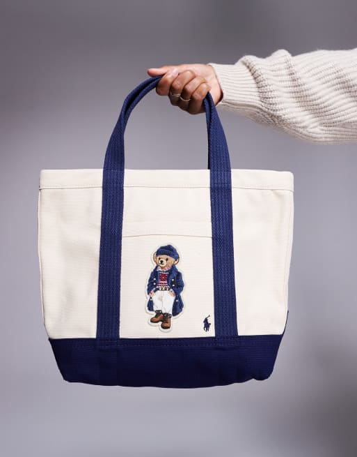 Polo Ralph Lauren tote bag with bear logo in cream and navy ASOS