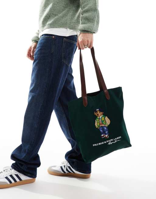 Polo Ralph Lauren tote bag with bear logo in green and tan, 3 of 4