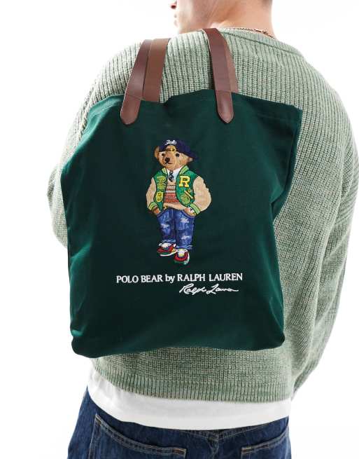 Polo Ralph Lauren tote bag with bear logo in green and tan, 4 of 4