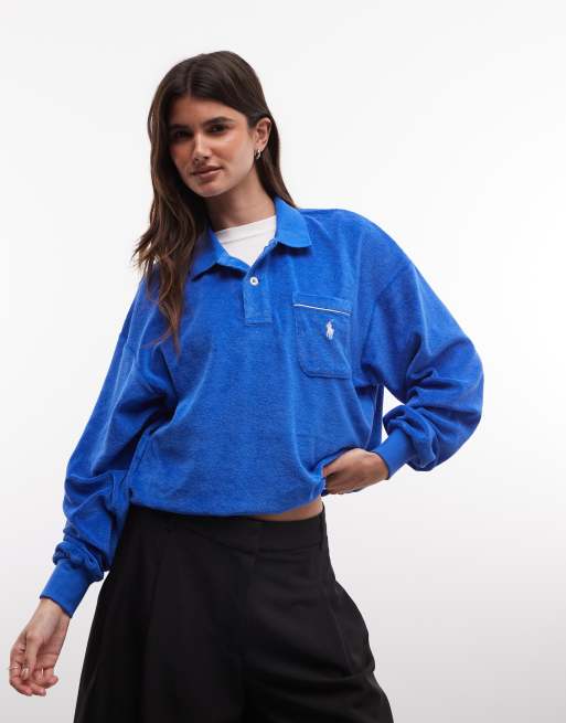 Polo Ralph Lauren towelling longsleeve polo in blue, 3 of 4
