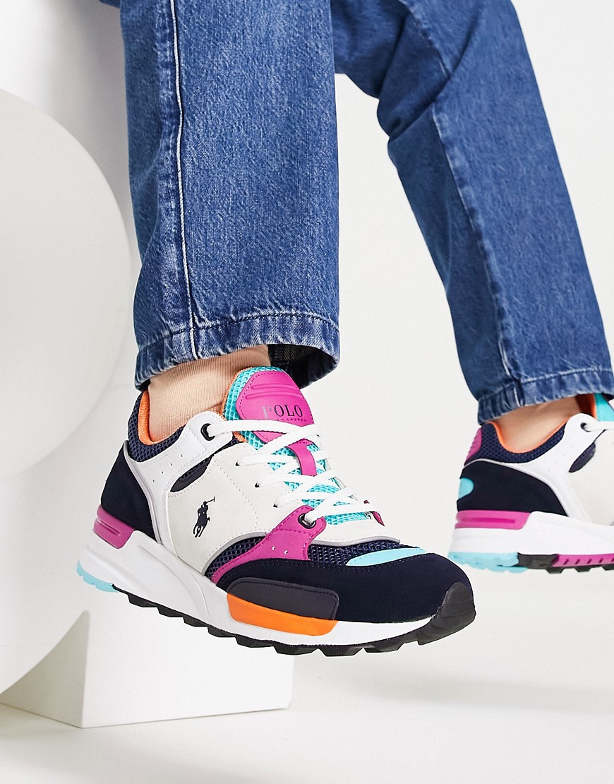polo ralph lauren trackster leather trainer in pink/blue mix with pony logo-multi