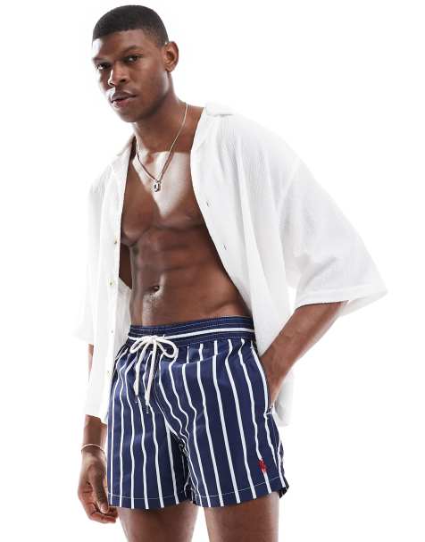 Polo Ralph Lauren Traveler icon logo wide stripe slim fit mid swim shorts in navy