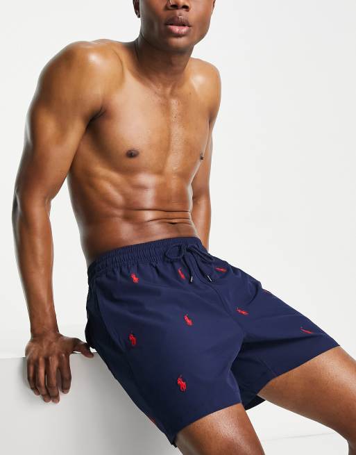 Polo Ralph Lauren – Traveler – Granatowe szorty kąpielowe z logo na całej powierzchni