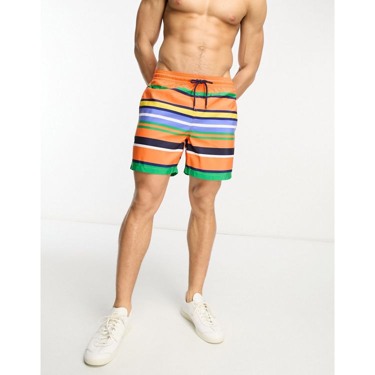 Polo Ralph Lauren Traveler icon logo horizontal multi stripe mid swim shorts  in orange | ASOS