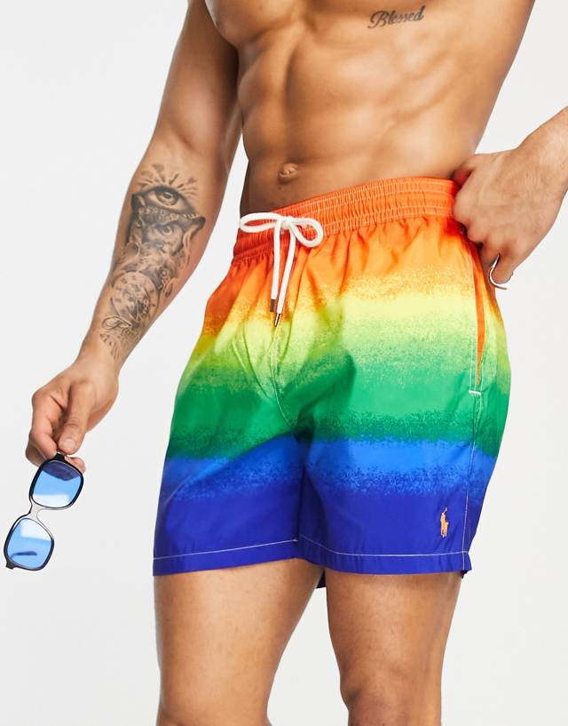 Polo Ralph Lauren Traveler icon logo ombre stripe print mid swim shorts in multi