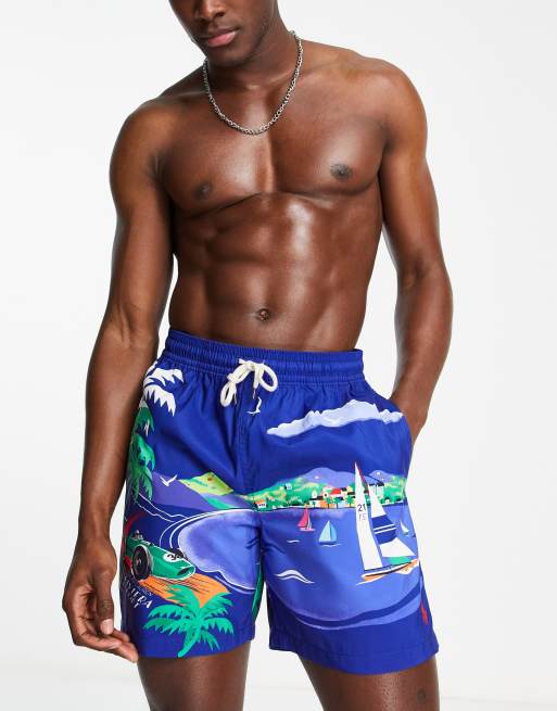 Polo Ralph Lauren Traveler icon logo riviera print swim shorts in blue