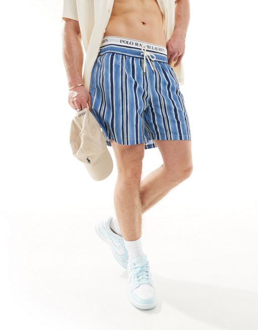 polo shirt Ralph Lauren Traveler icon logo stripe swim shorts in mid blue