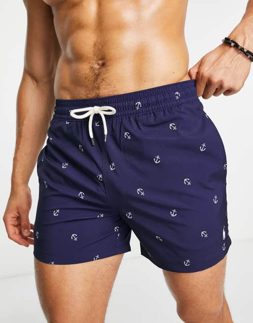 Polo Ralph Lauren – Traveler – Niebieskie szorty kąpielowe z poliestru z logo i wzorem w kotwice na całości – MBLUE