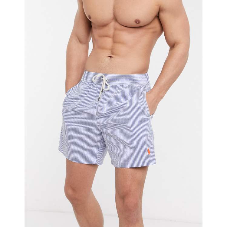 Polo Ralph Lauren Traveler player logo seersucker stripe swim shorts in  blue/white | ASOS