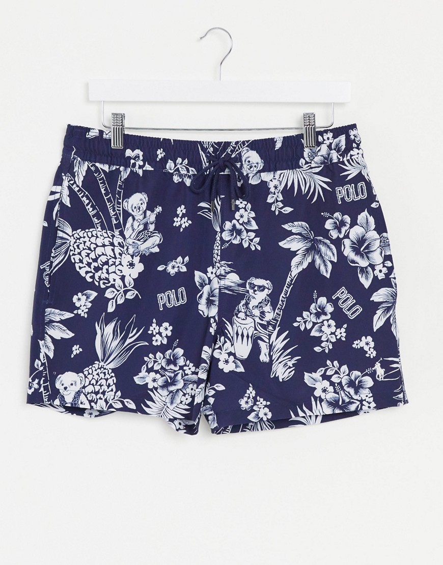 Polo Ralph Lauren Traveler player logo swim shorts in hawaiin bear print blue