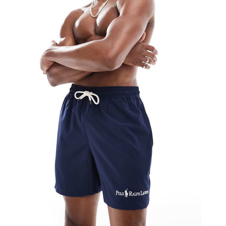 Polo Ralph Lauren Traveler script logo longer length swim shorts in navy ASOS