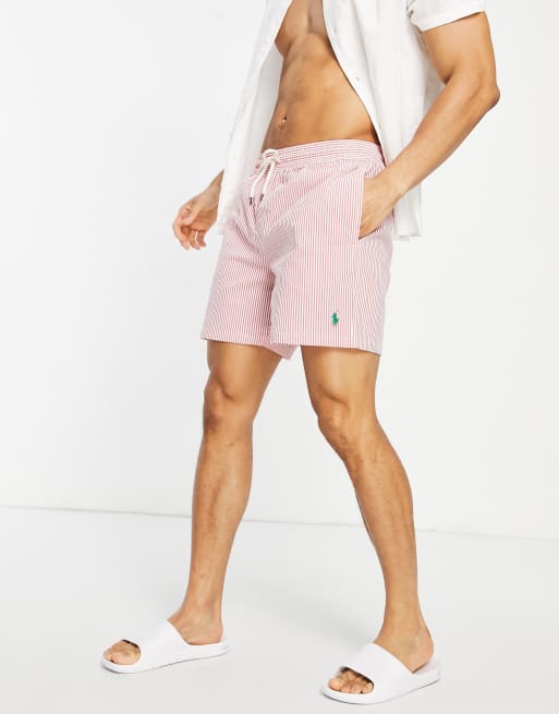 Polo Ralph Lauren Traveler seersucker stripe swim shorts in sunrise red |  ASOS