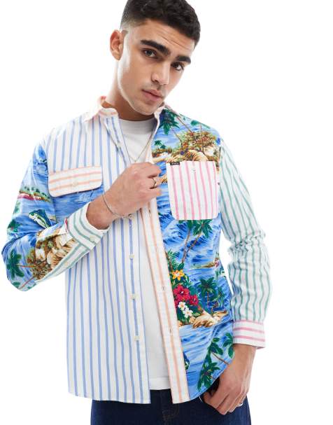 Polo Ralph Lauren tropical patchwork print oxford shirt classic oversized fit in dark blue