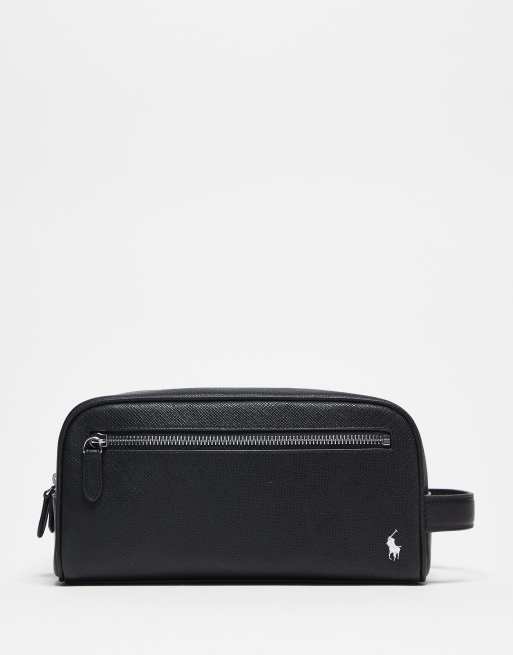 Polo Ralph Lauren - Trousse in pelle nera con logo e dettagli argentati