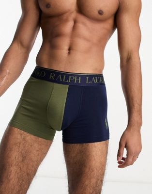 Polo Ralph Lauren trunks in olive green, navy split with logo