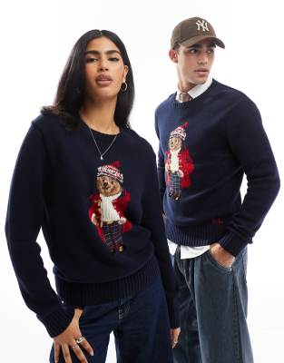 Polo Ralph Lauren Polo Ralph Lauren unisex holiday bear cotton blend knit jumper in navy