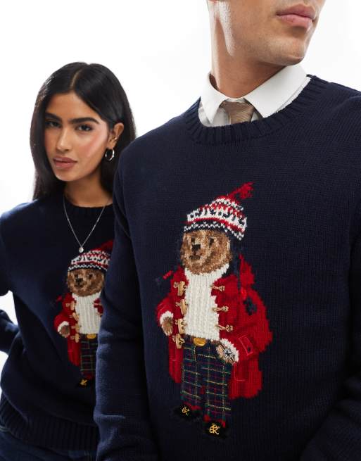 Polo Ralph Lauren unisex holiday bear cotton blend knit jumper in navy