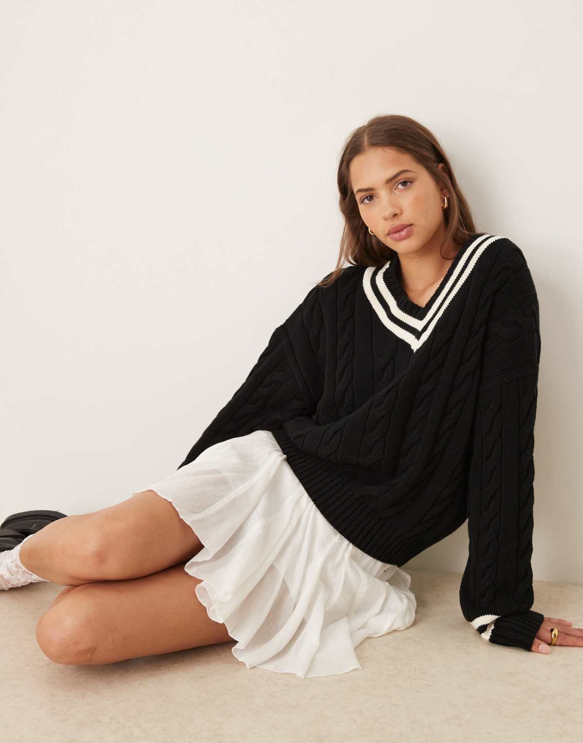 Polo Ralph Lauren v neck cable knit jumper in black and white