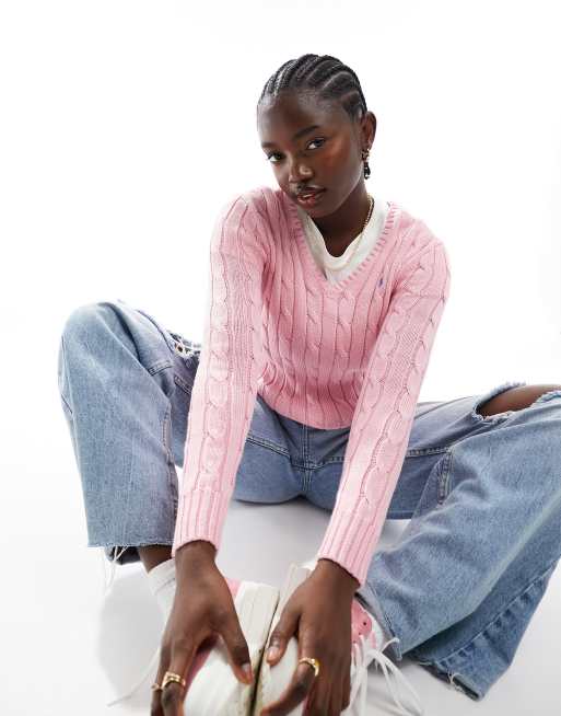 Polo Ralph Lauren v neck cable knit sweater with logo in pink