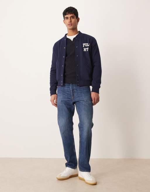 Polo Ralph Lauren varsity back print zip through jersey bomber jacket in navy, 2 of 5