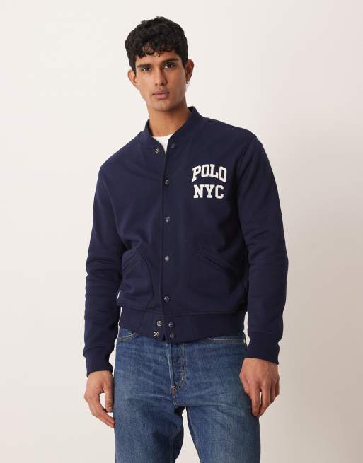 Polo Ralph Lauren varsity back print zip through jersey bomber jacket in navy, 3 of 5